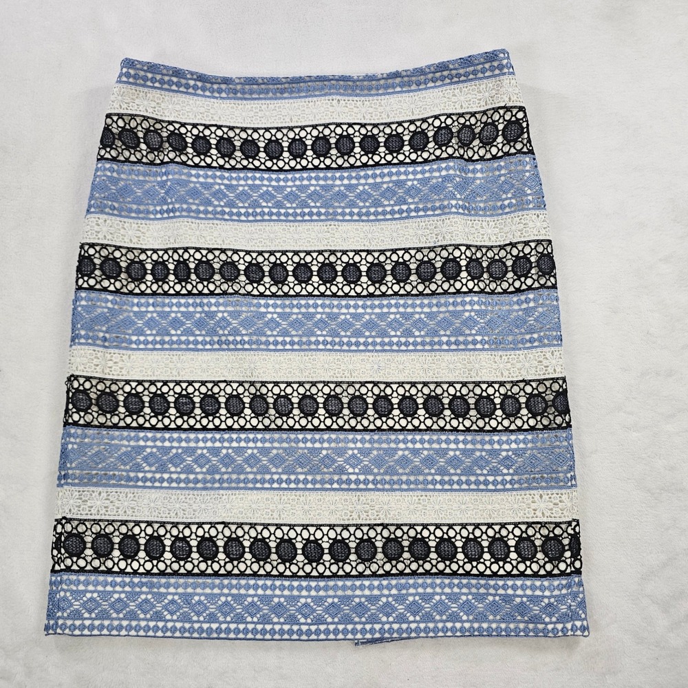 Talbots Pencil Skirt Womens 12 Blue Excellent Striped Eyelet Lace Overlay